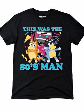Bluey men’s Black Graphic Tee with Turquoise, Yellow & Pink Retro Print
